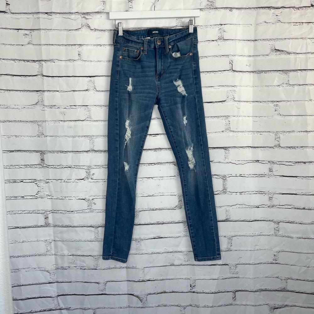 Aero High Rise Jegging Distressed Skinny Jeans Medium Wash Women’s 4 Stretch Y2K